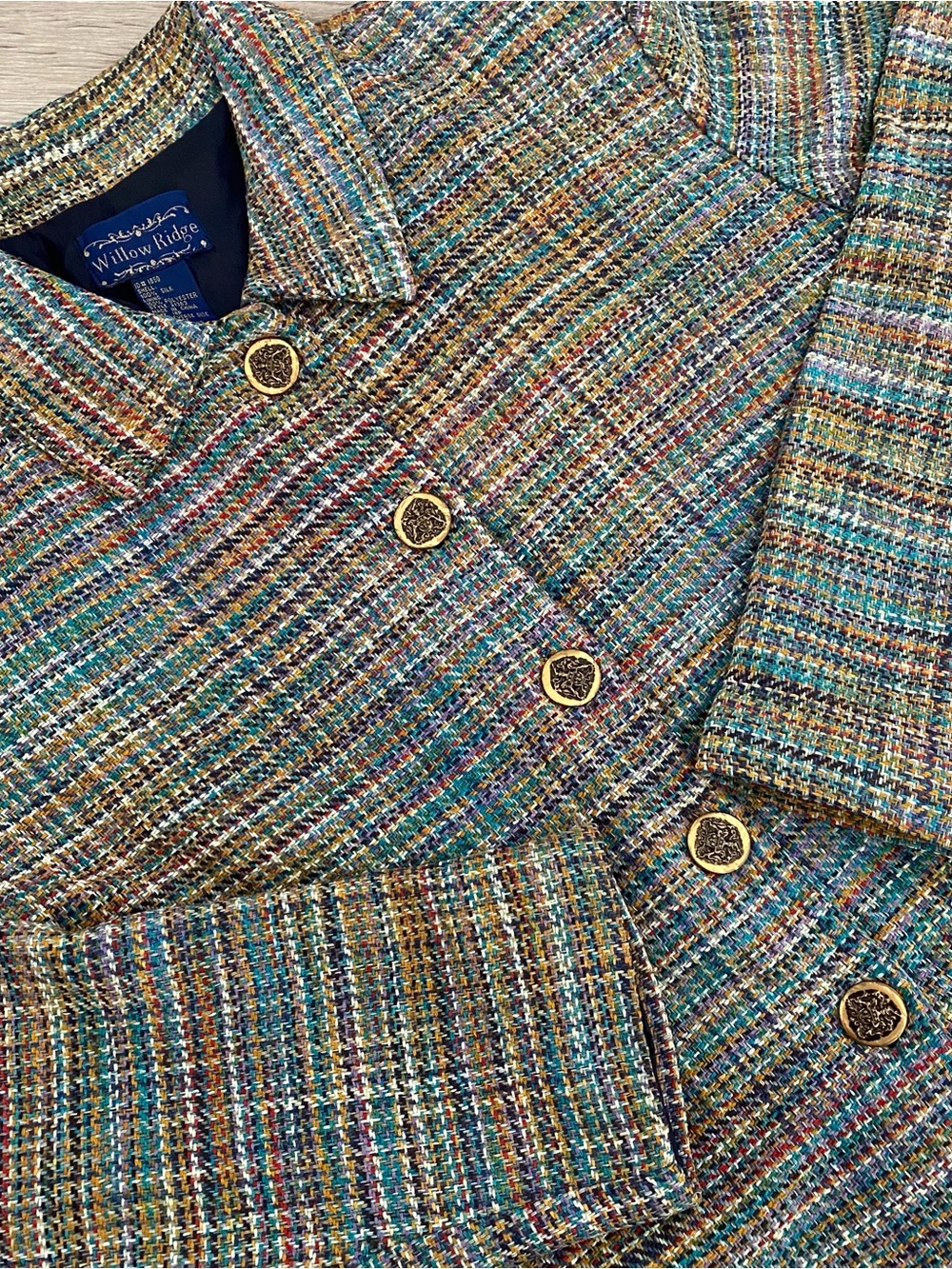 Vintage Willow Ridge Tweed Blazer Gold Buttons Shoulder Pads Silk 18P